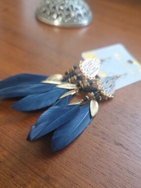 Boho Gold & Navy Feather Chandelier Earrings - Unbranded